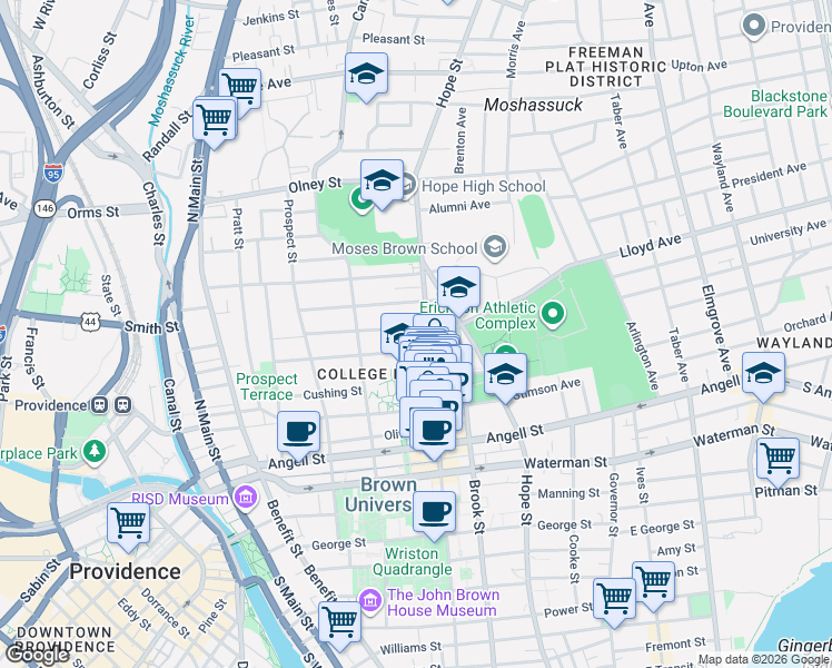 map of restaurants, bars, coffee shops, grocery stores, and more near 101 Keene Street in Providence