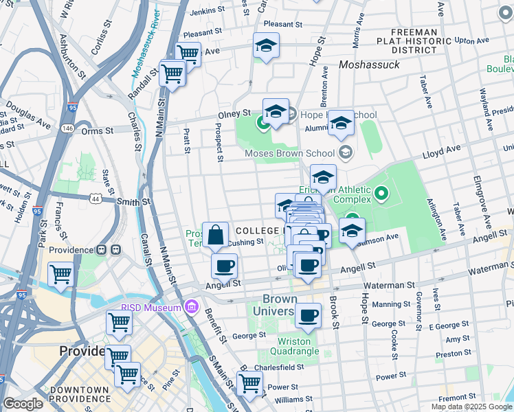 map of restaurants, bars, coffee shops, grocery stores, and more near in Providence