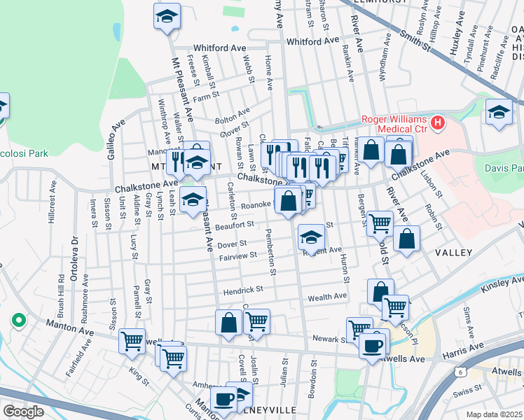 map of restaurants, bars, coffee shops, grocery stores, and more near 54 Belmont Avenue in Providence