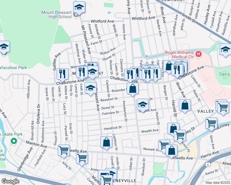 map of restaurants, bars, coffee shops, grocery stores, and more near 54 Belmont Avenue in Providence