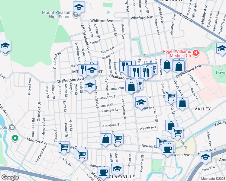 map of restaurants, bars, coffee shops, grocery stores, and more near 54 Belmont Avenue in Providence
