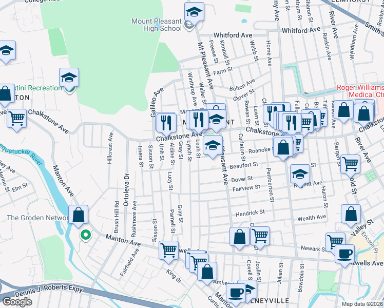 map of restaurants, bars, coffee shops, grocery stores, and more near 244 Lynch Street in Providence