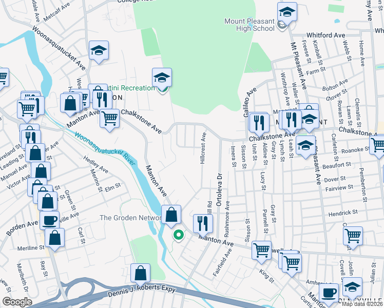 map of restaurants, bars, coffee shops, grocery stores, and more near 62 Oakwood Avenue in Providence