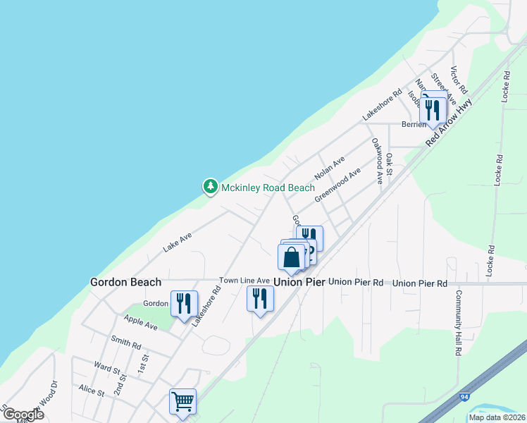 map of restaurants, bars, coffee shops, grocery stores, and more near 15852 Lakeshore Road in Union Pier