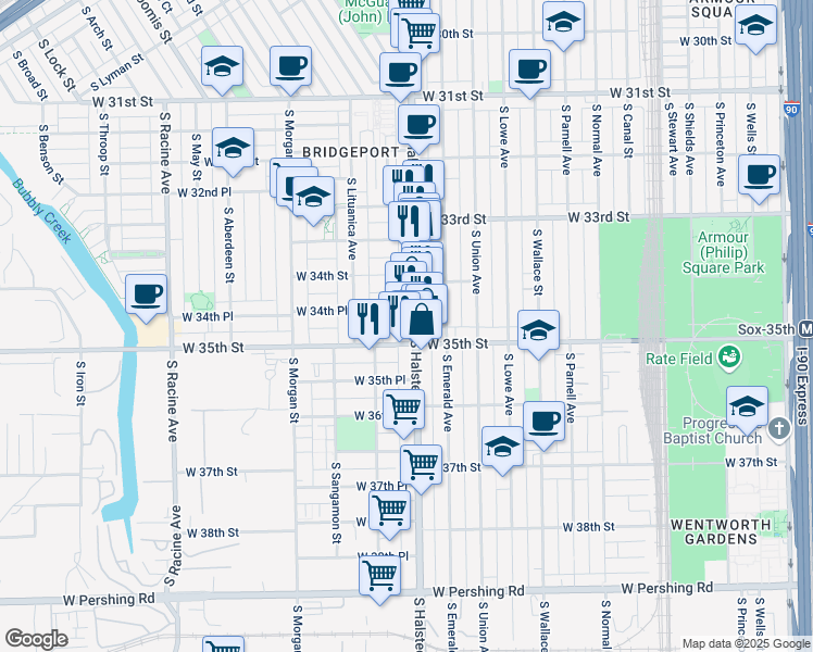 map of restaurants, bars, coffee shops, grocery stores, and more near 3424 South Halsted Street in Chicago
