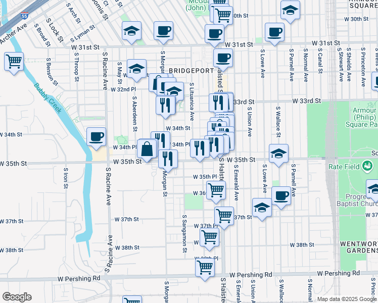 map of restaurants, bars, coffee shops, grocery stores, and more near 920 West 34th Place in Chicago