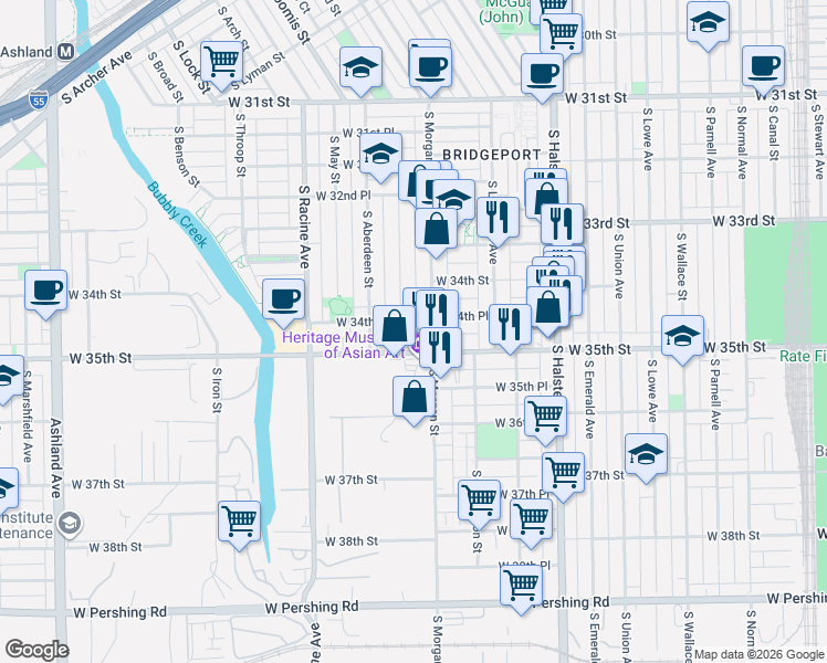 map of restaurants, bars, coffee shops, grocery stores, and more near 3423 South Morgan Street in Chicago