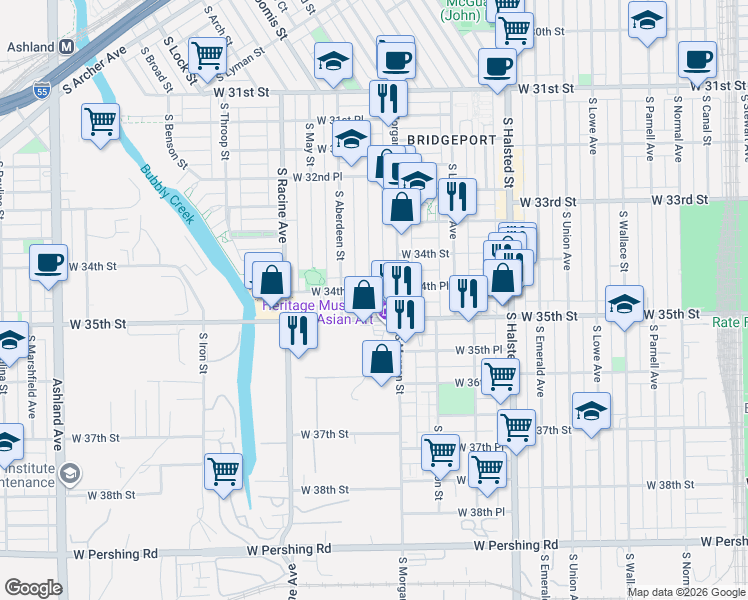 map of restaurants, bars, coffee shops, grocery stores, and more near 3418 South Carpenter Street in Chicago