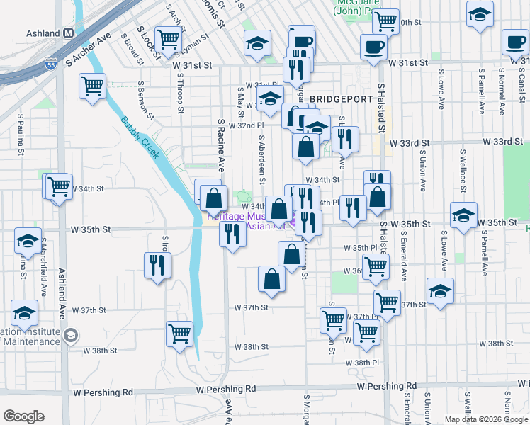map of restaurants, bars, coffee shops, grocery stores, and more near 3420 South Aberdeen Street in Chicago