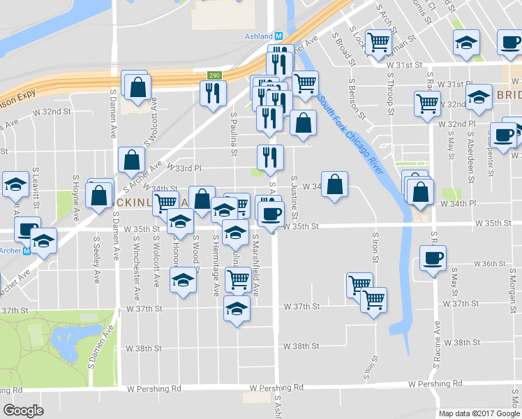 map of restaurants, bars, coffee shops, grocery stores, and more near 3410 South Ashland Avenue in Chicago