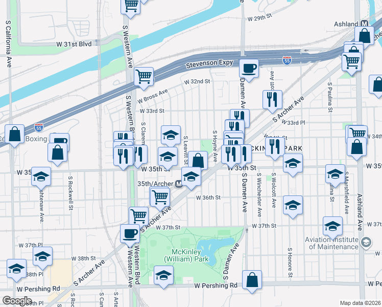 map of restaurants, bars, coffee shops, grocery stores, and more near 3400 South Hamilton Avenue in Chicago