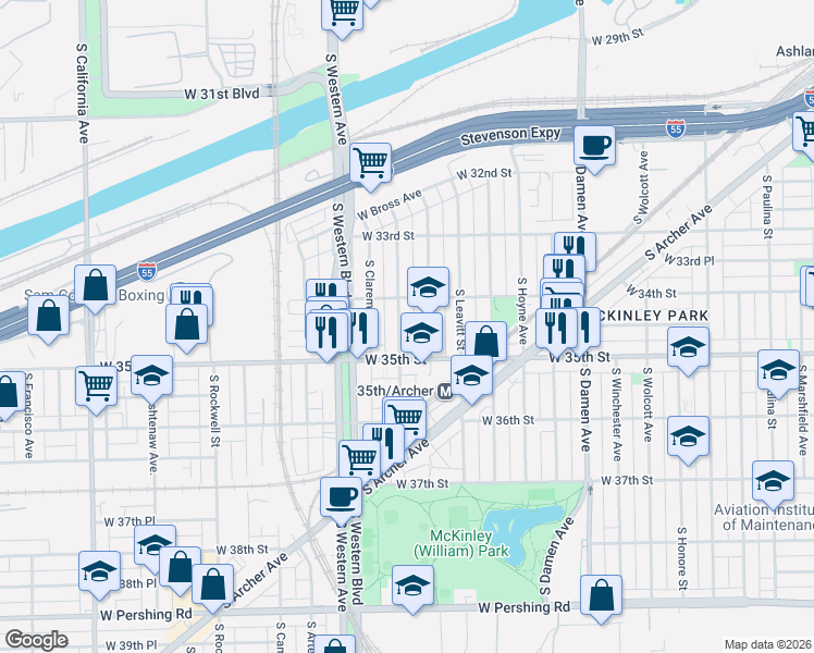 map of restaurants, bars, coffee shops, grocery stores, and more near 3401 South Oakley Avenue in Chicago