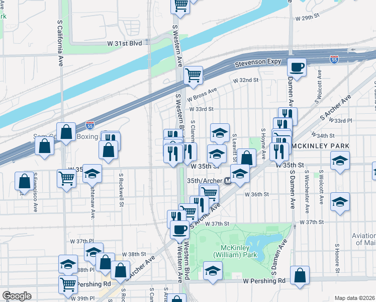 map of restaurants, bars, coffee shops, grocery stores, and more near 3401 South Western Boulevard in Chicago