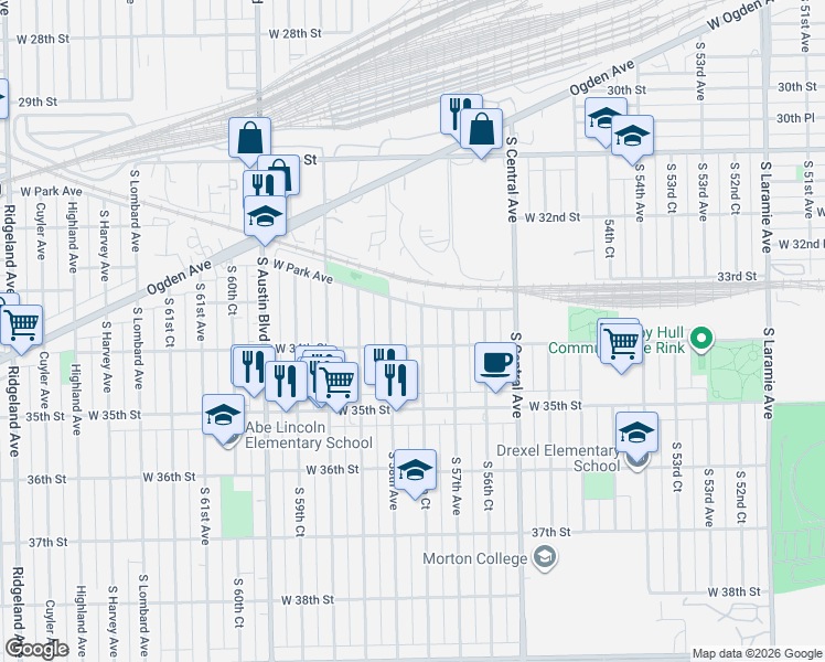 map of restaurants, bars, coffee shops, grocery stores, and more near 3303 South 58th Avenue in Cicero