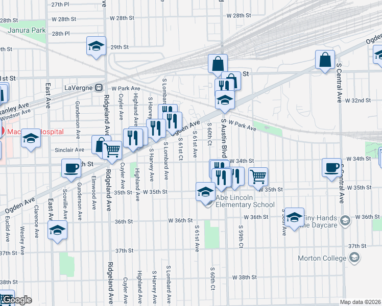 map of restaurants, bars, coffee shops, grocery stores, and more near 3301 South 61st Avenue in Cicero