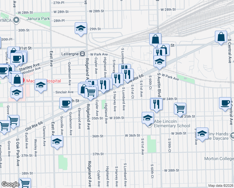 map of restaurants, bars, coffee shops, grocery stores, and more near 6200 Ogden Avenue in Berwyn
