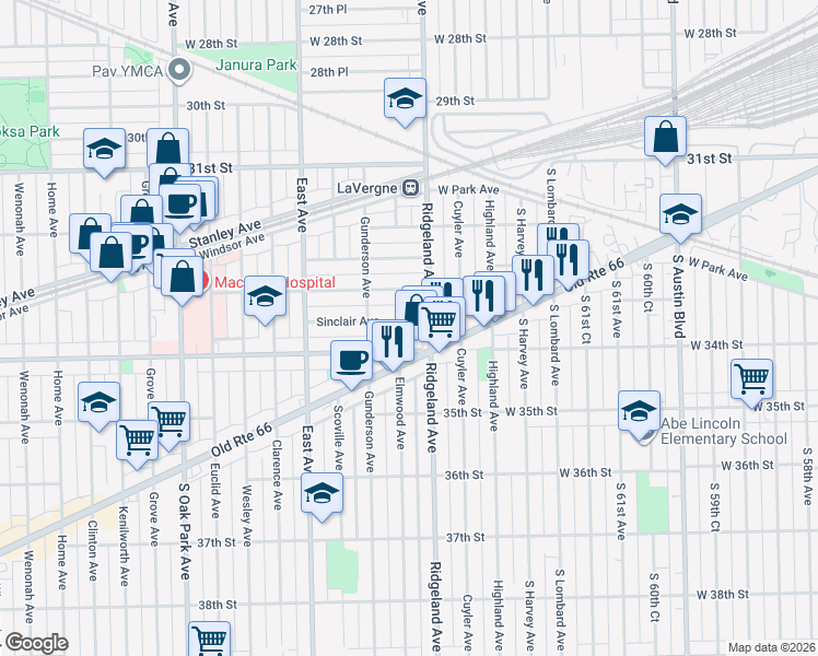 map of restaurants, bars, coffee shops, grocery stores, and more near 6426 33rd Street in Berwyn