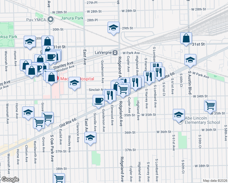 map of restaurants, bars, coffee shops, grocery stores, and more near 6426 33rd Street in Berwyn