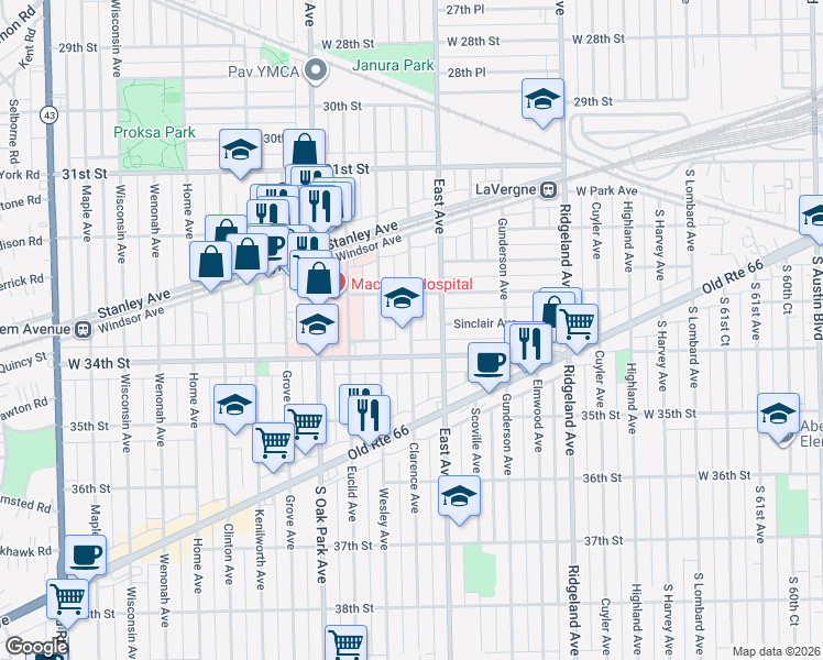 map of restaurants, bars, coffee shops, grocery stores, and more near 3313 Clarence Avenue in Berwyn