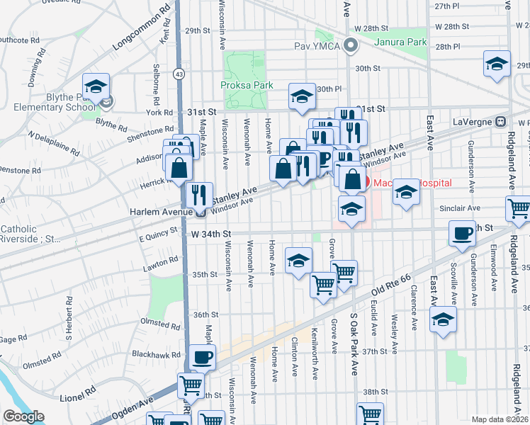 map of restaurants, bars, coffee shops, grocery stores, and more near 3302 Home Avenue in Berwyn