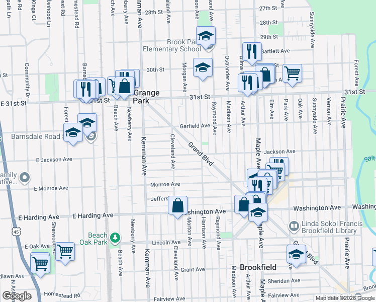 map of restaurants, bars, coffee shops, grocery stores, and more near 3222 Grand Boulevard in Brookfield