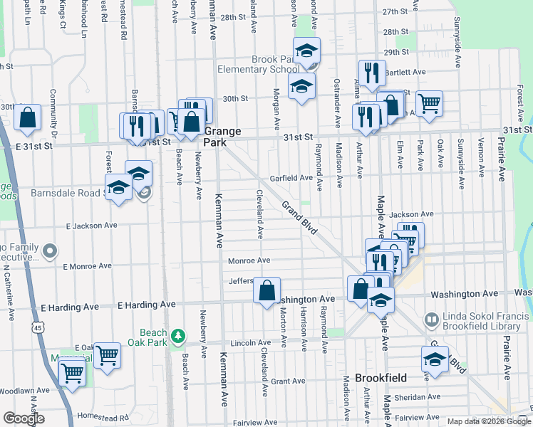 map of restaurants, bars, coffee shops, grocery stores, and more near 3222 Grand Boulevard in Brookfield