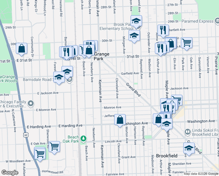 map of restaurants, bars, coffee shops, grocery stores, and more near 9504 Lexington Avenue in Brookfield
