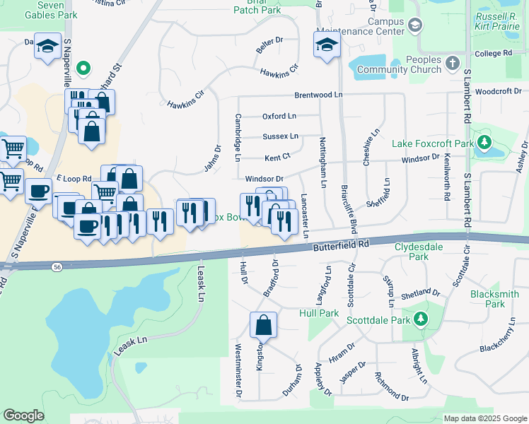map of restaurants, bars, coffee shops, grocery stores, and more near 1107 Briarbrook Drive in Wheaton