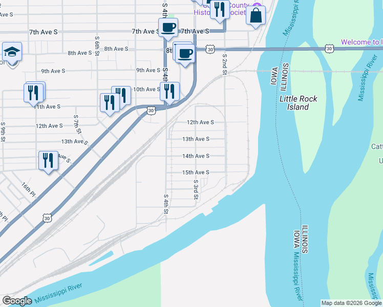 map of restaurants, bars, coffee shops, grocery stores, and more near 1321 South 3rd Street in Clinton