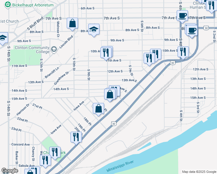 map of restaurants, bars, coffee shops, grocery stores, and more near 601-799 13th Ave S in Clinton