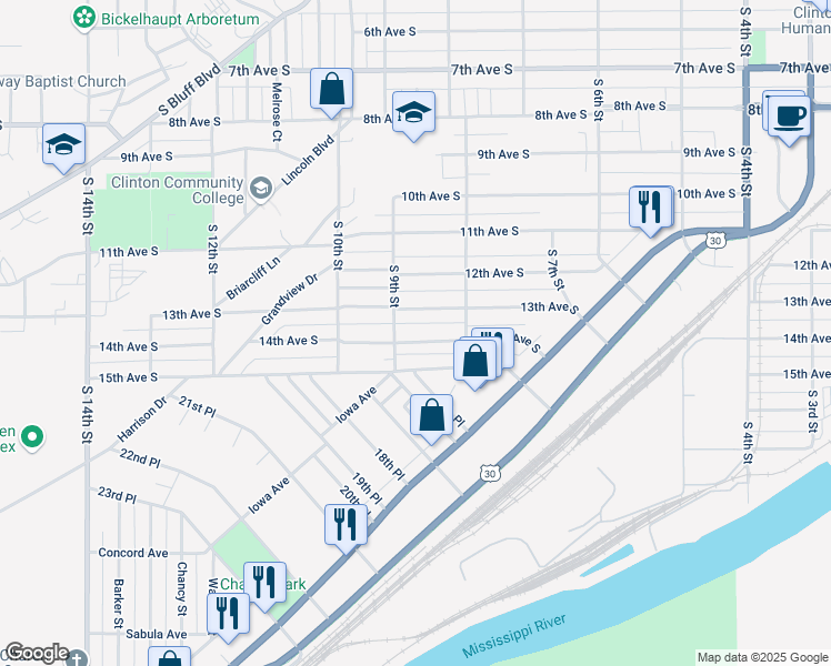 map of restaurants, bars, coffee shops, grocery stores, and more near 800-834 13th Avenue South in Clinton