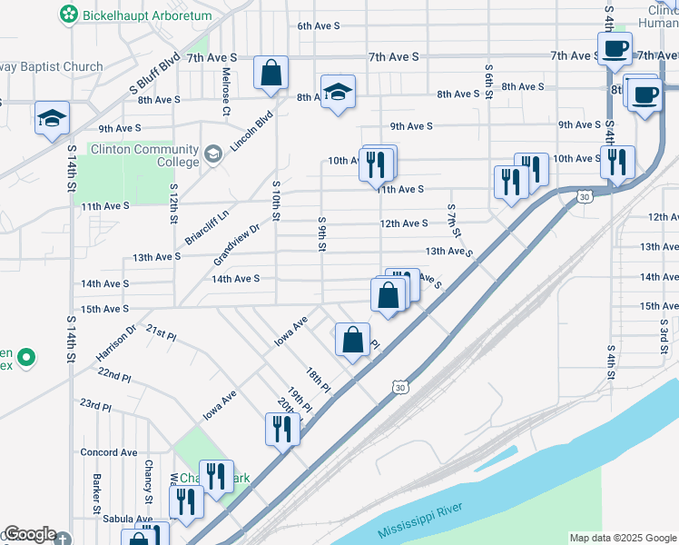 map of restaurants, bars, coffee shops, grocery stores, and more near 800-834 13th Avenue South in Clinton