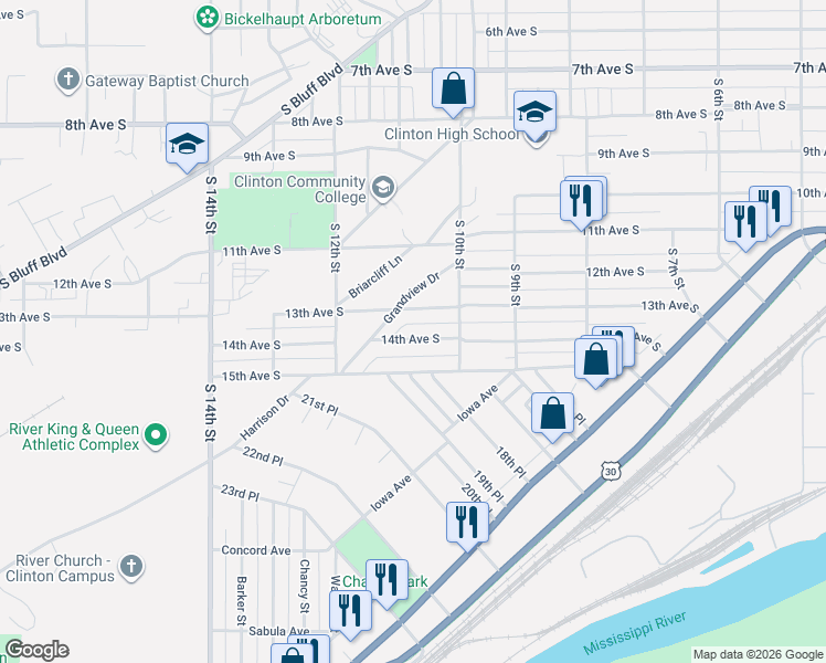 map of restaurants, bars, coffee shops, grocery stores, and more near 1001-1053 Grandview Drive in Clinton