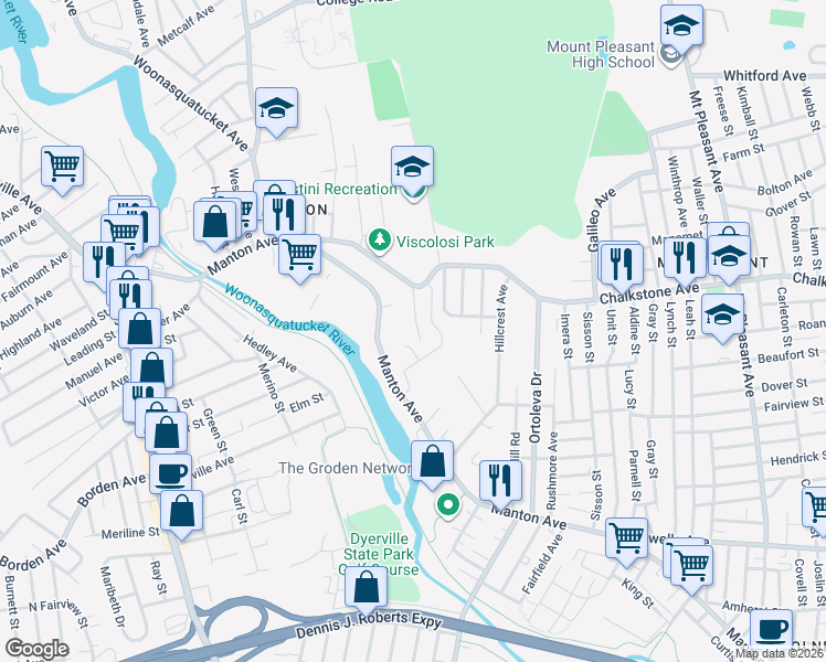 map of restaurants, bars, coffee shops, grocery stores, and more near 15 Manton Court in Providence