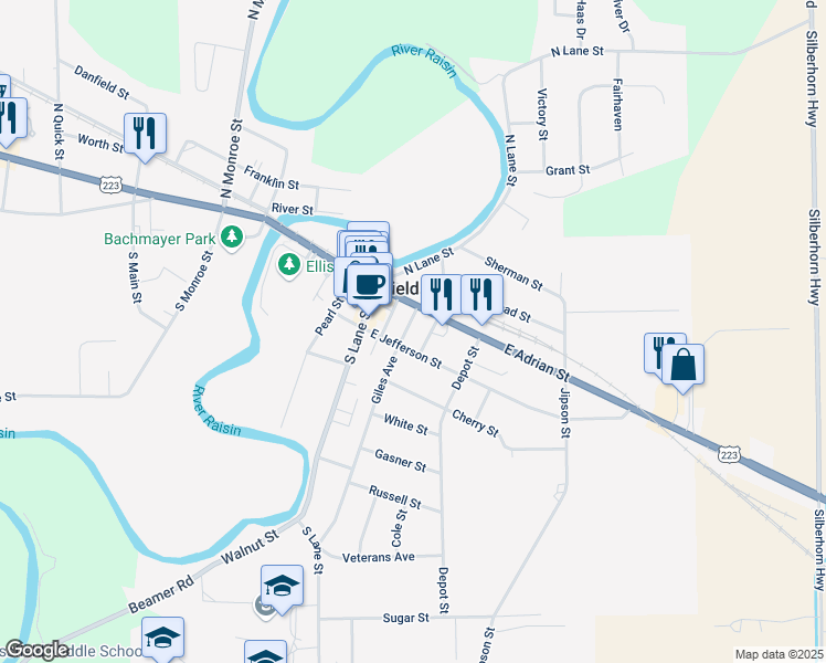 map of restaurants, bars, coffee shops, grocery stores, and more near in Blissfield