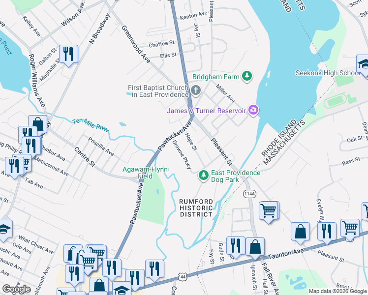 map of restaurants, bars, coffee shops, grocery stores, and more near 1520 Pawtucket Avenue in East Providence