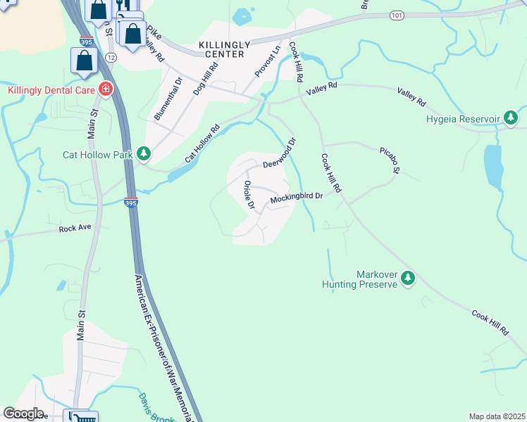 map of restaurants, bars, coffee shops, grocery stores, and more near 7 Mockingbird Drive in Killingly