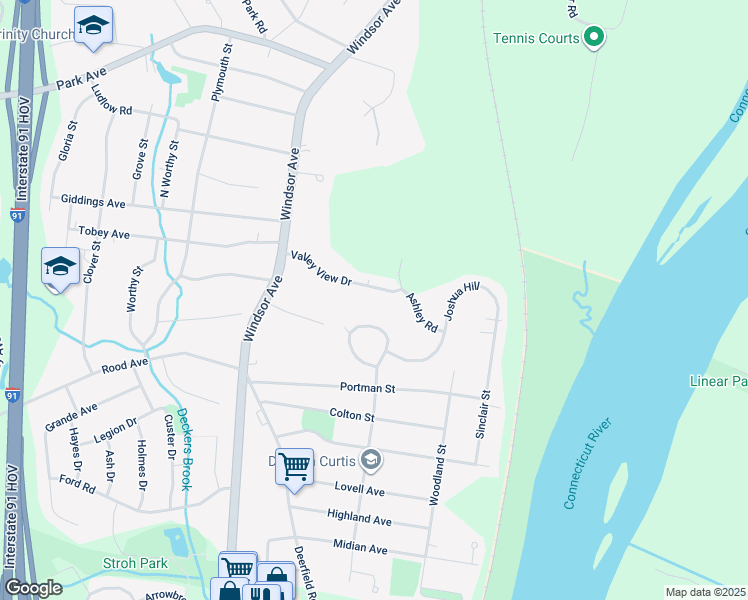 map of restaurants, bars, coffee shops, grocery stores, and more near 32 Valley View Drive in Windsor