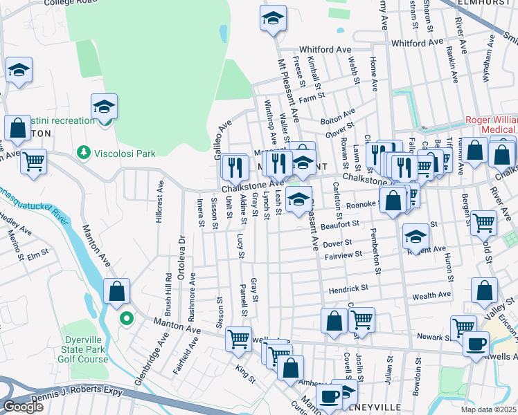 map of restaurants, bars, coffee shops, grocery stores, and more near 244 Lynch Street in Providence