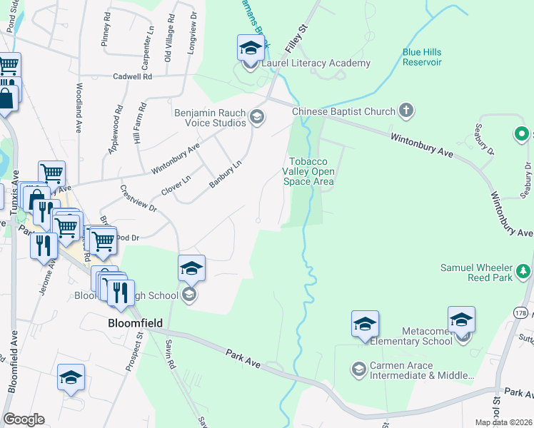 map of restaurants, bars, coffee shops, grocery stores, and more near 29 Florence Road in Bloomfield