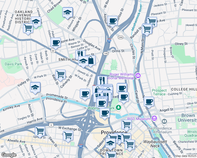 map of restaurants, bars, coffee shops, grocery stores, and more near Park Street in Providence