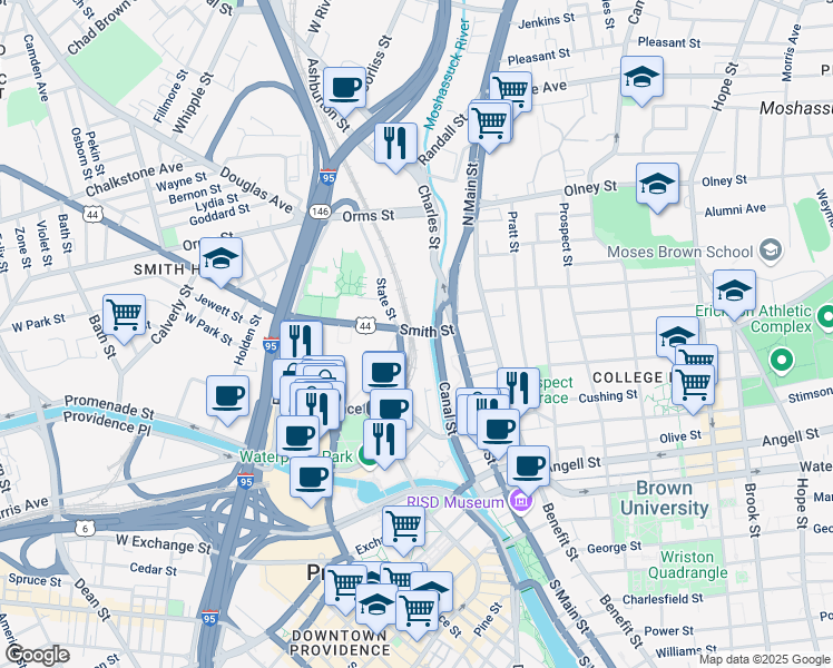 map of restaurants, bars, coffee shops, grocery stores, and more near 39 Smith Street in Providence