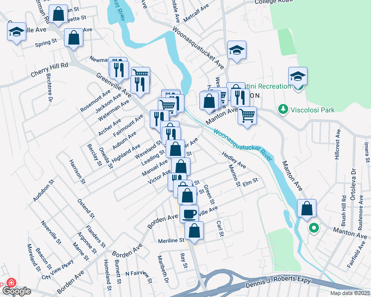 map of restaurants, bars, coffee shops, grocery stores, and more near 7 Amana Court in Johnston