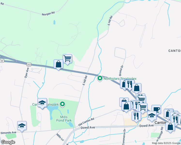 map of restaurants, bars, coffee shops, grocery stores, and more near 321 Albany Turnpike in Canton