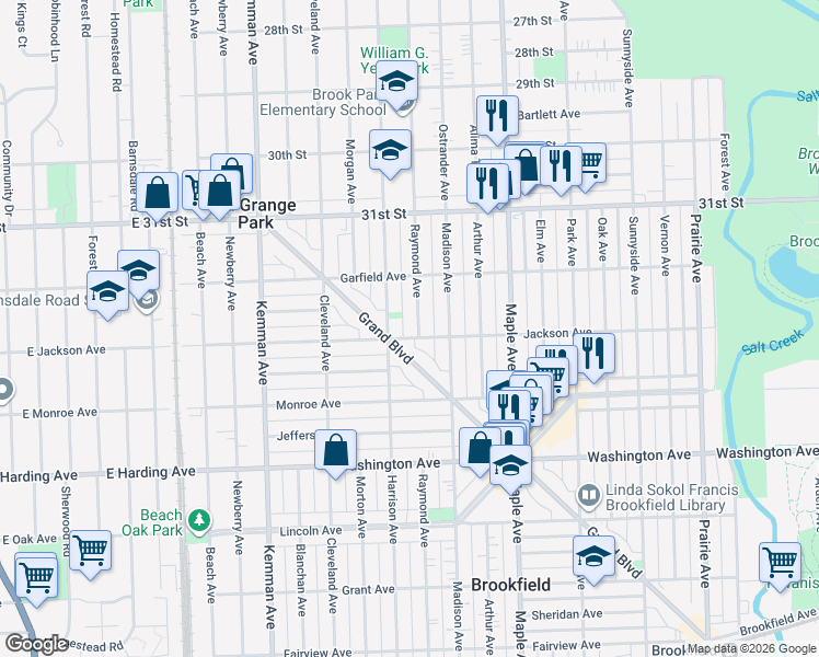 map of restaurants, bars, coffee shops, grocery stores, and more near 3223 Raymond Avenue in Brookfield