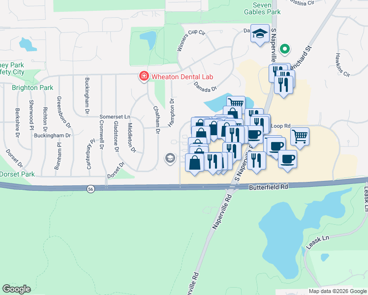 map of restaurants, bars, coffee shops, grocery stores, and more near 341 Mendelson Court in Wheaton