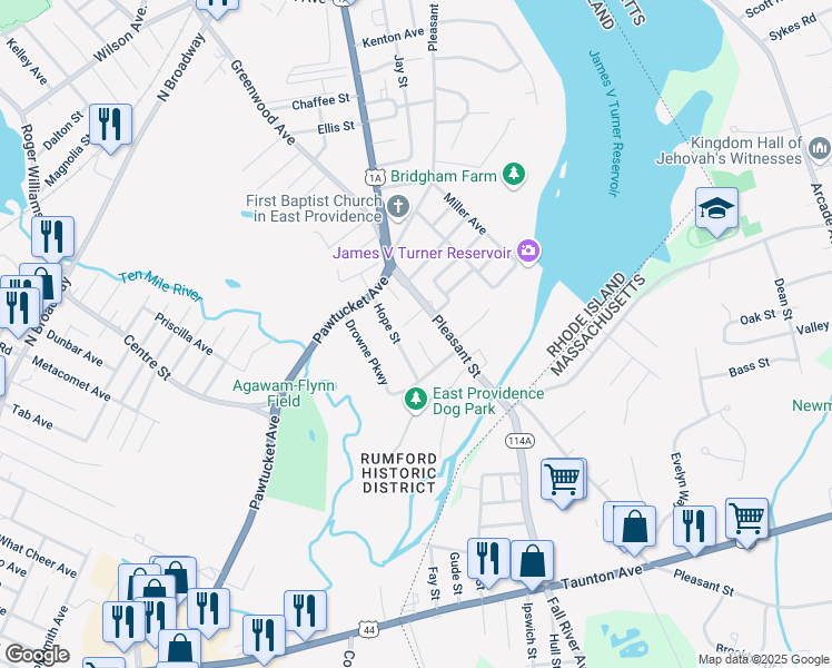 map of restaurants, bars, coffee shops, grocery stores, and more near 3 Judkins Street in East Providence