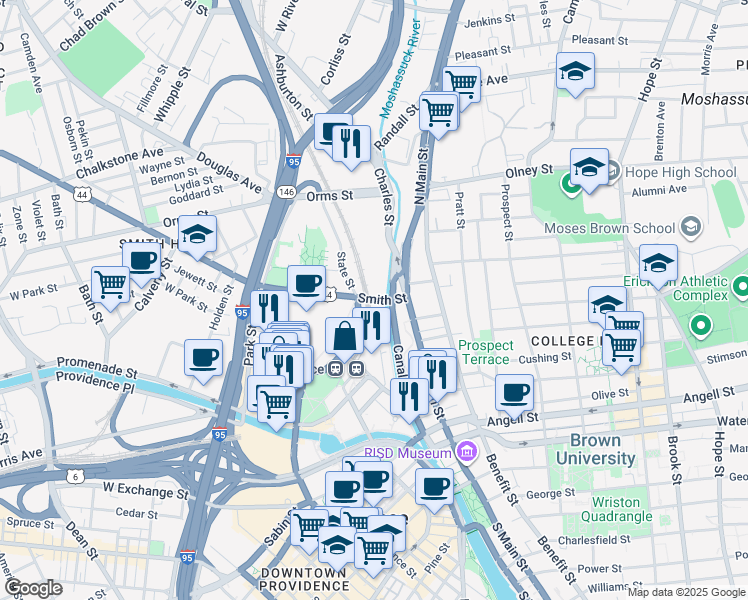 map of restaurants, bars, coffee shops, grocery stores, and more near 90 Smith Street in Providence