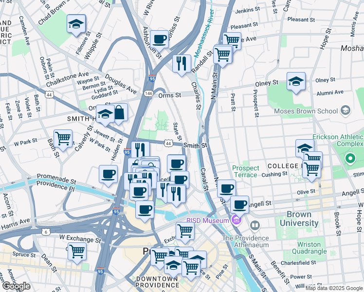 map of restaurants, bars, coffee shops, grocery stores, and more near 361 Gaspee Street in Providence