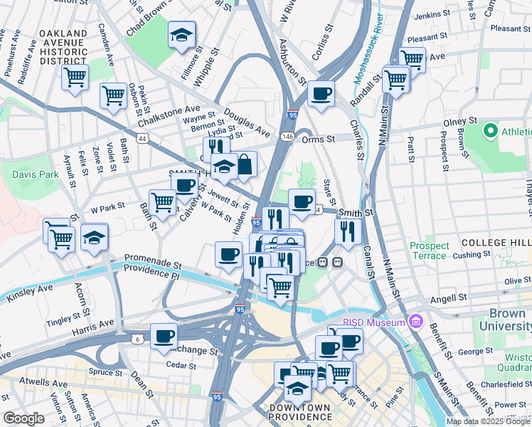 map of restaurants, bars, coffee shops, grocery stores, and more near Park Street in Providence